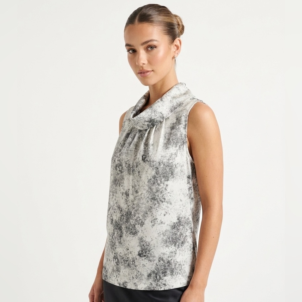 Ann Taylor 100% Silk Sleeveless Elegant Top Grey White Marble Sz Medium Petite